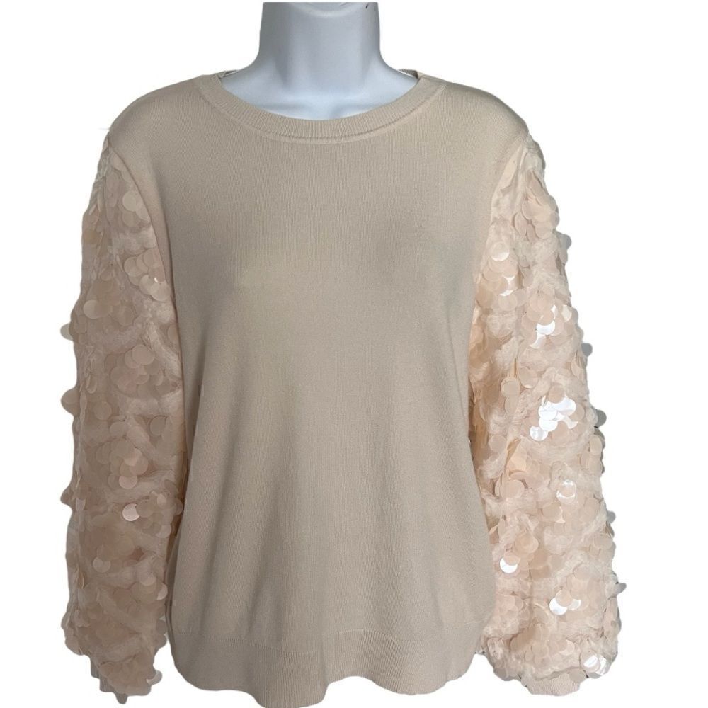 SIONI Sequin Sleeve Rib Knit Sweater In Cream Color Size M.